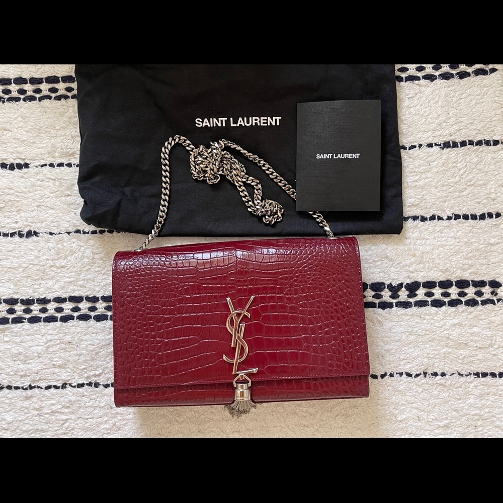 YSL Classic Medium Kate Monogram Croc-Embossed Leather Shoulder Bag
